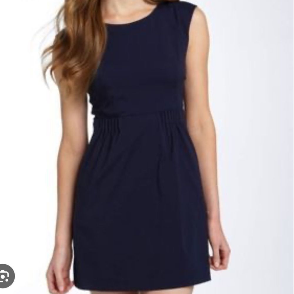 Navy Blue Theory Shyann Business Casual Dress with Darts and Cinched Waist